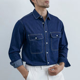 Hearujoy Mens Y2k Shirt Free Ironing Flip Pocket Denim Long-Sleeved Shirt Autumn New Fashion Casual Moisture Wicking Breathable Top